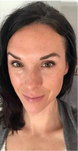 Side-by-side comparison of a woman with gray hair and black hair.